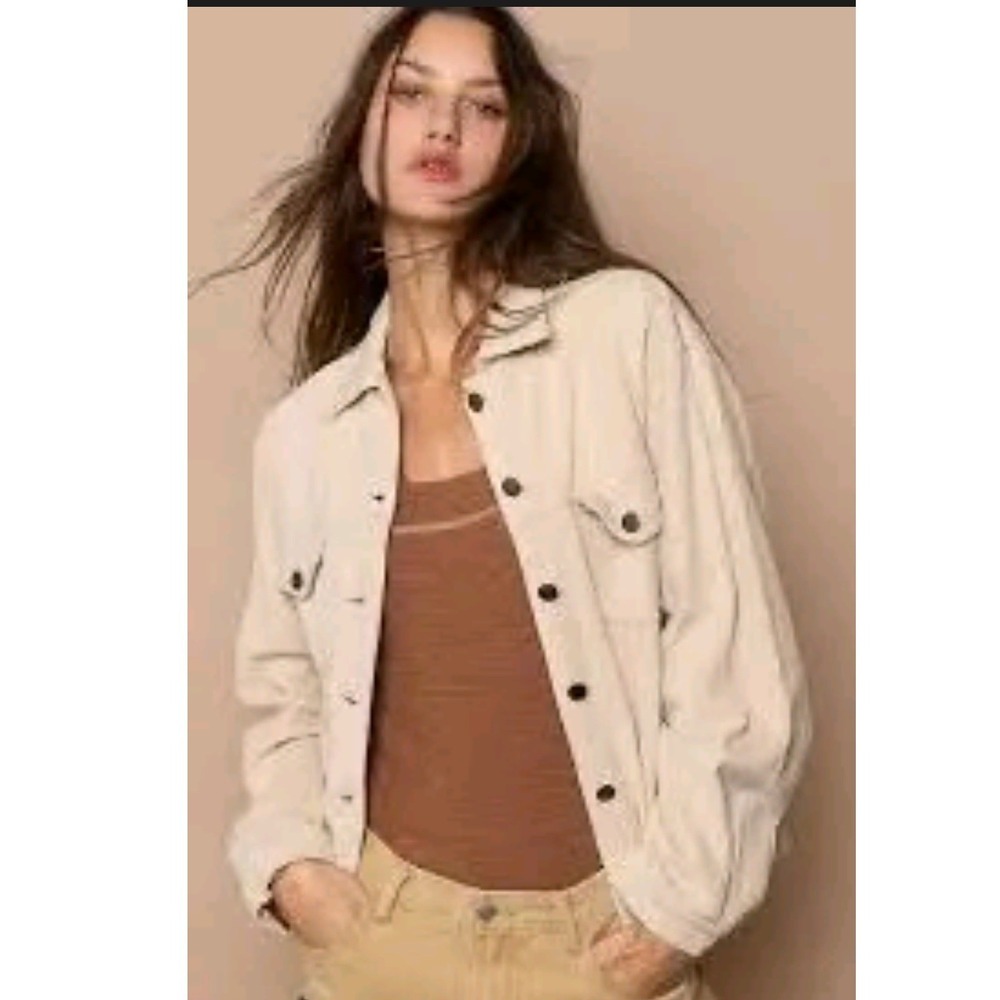 POL Womens Corduroy Shacket Cream Beige Raw Hem Button Front Jacket Small